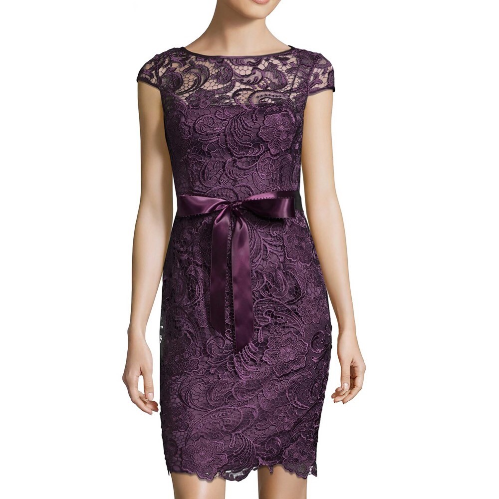 COPY - Lace Sheath Dress Sheer Short Sleeves Satin Trim